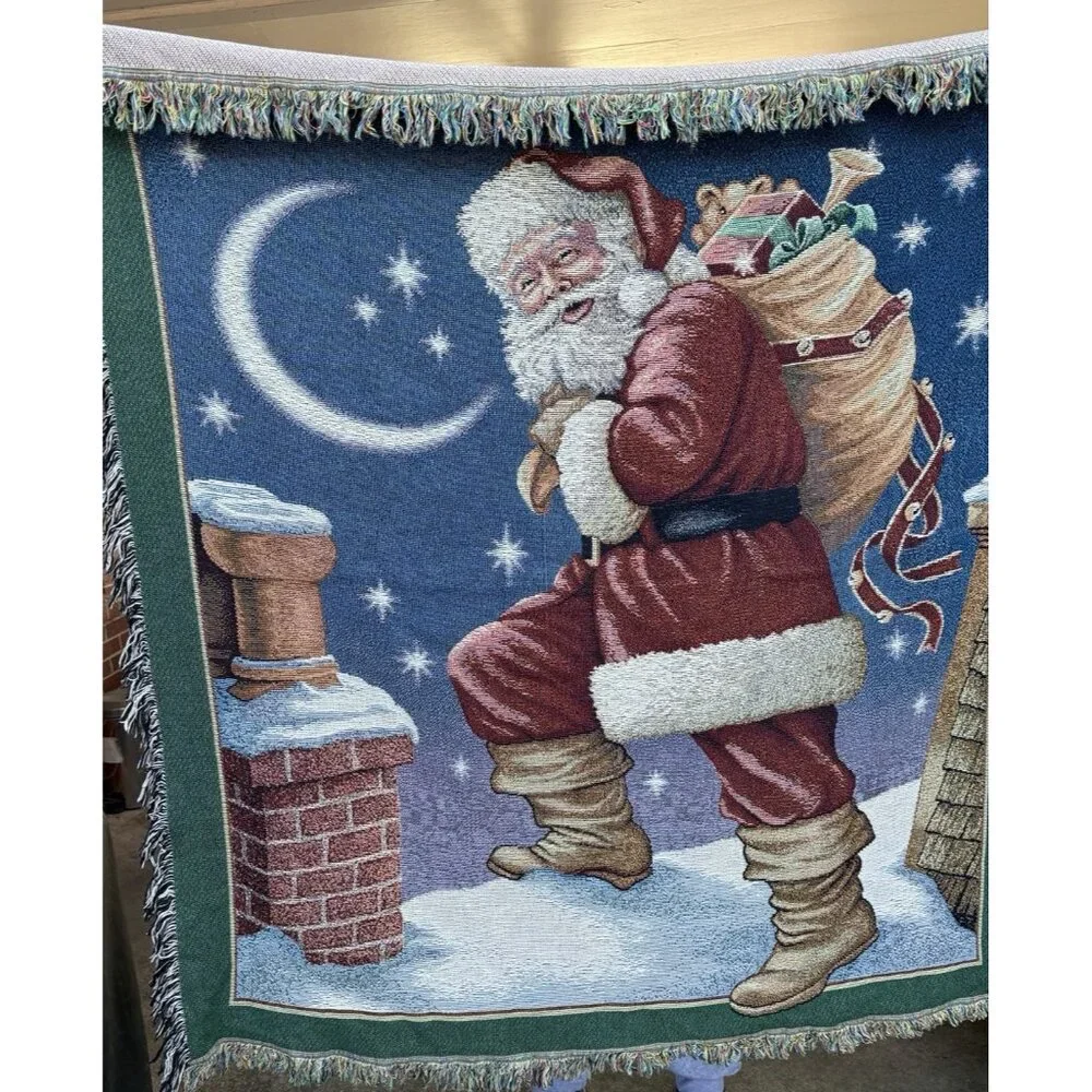 Tapestry Throw Santa Claus Rooftop Bag Toys Blanket Farmhouse CottageCore 60x62